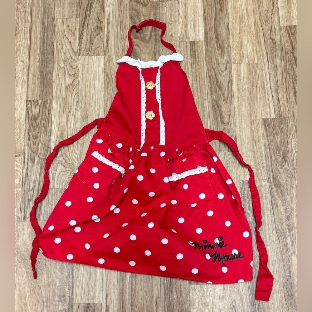 Disney Minnie Mouse Kids Red Polka Dot Cotton Apron One Size Lace Trim Pockets